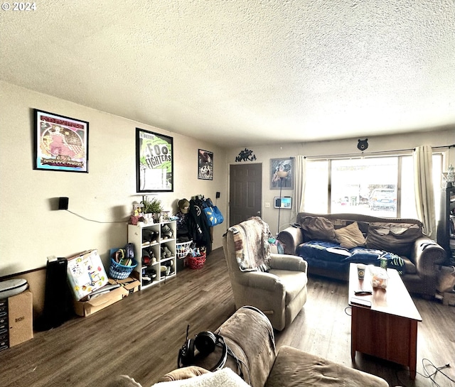 living room with a textured ceiling and dark hardwood / wood-style flooring