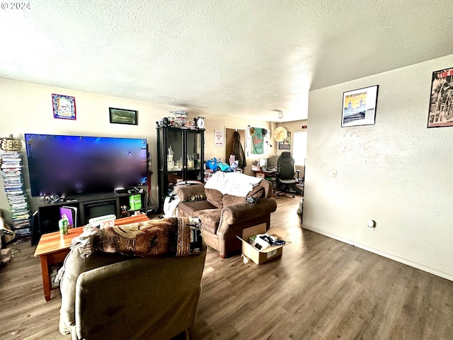 living room with dark hardwood / wood-style floors and a textured ceiling