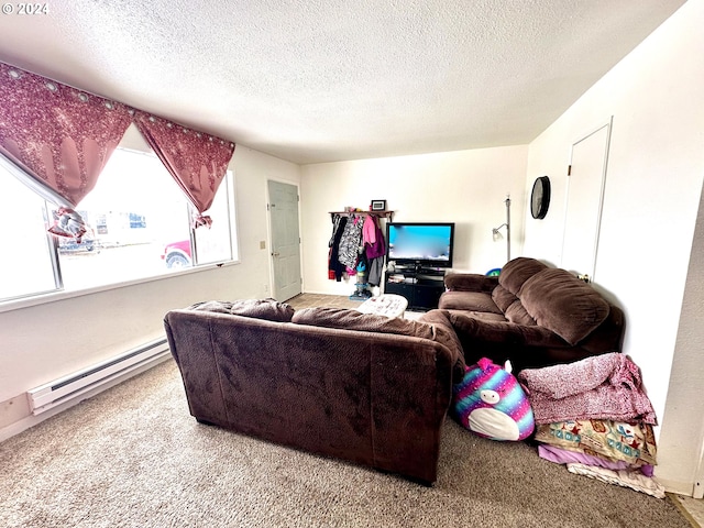 living room with a textured ceiling, a baseboard radiator, and light colored carpet