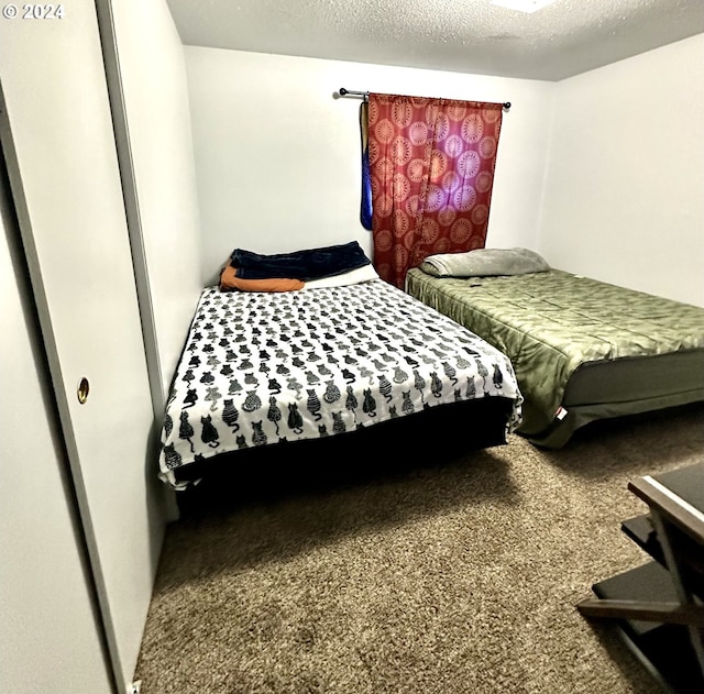 bedroom with carpet floors and a textured ceiling