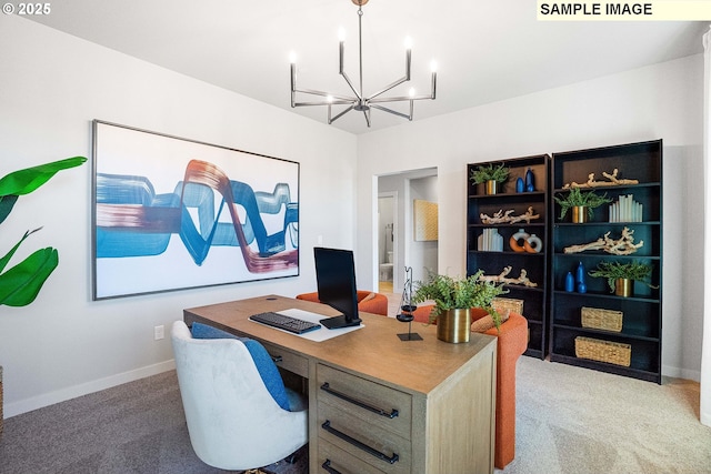 carpeted office with a notable chandelier