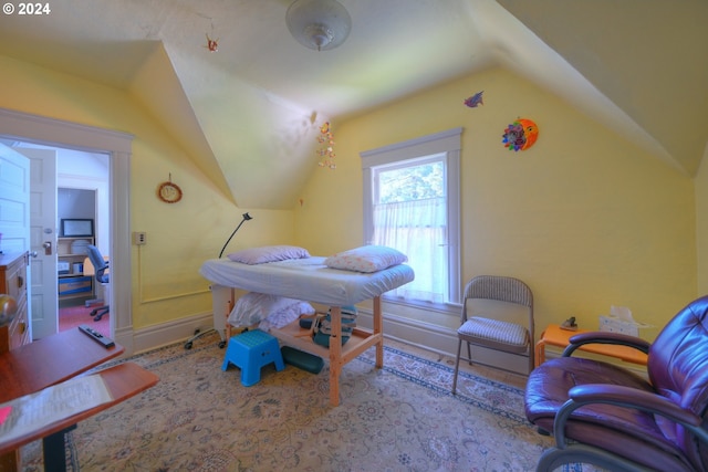 bedroom featuring lofted ceiling