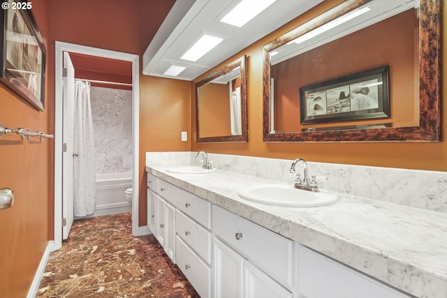 2237 SE Darling Ave, Gresham, OR 97080 - bathroom featuring toilet, double vanity, shower / tub combo with curtain, baseboards, and marble finish flooring
