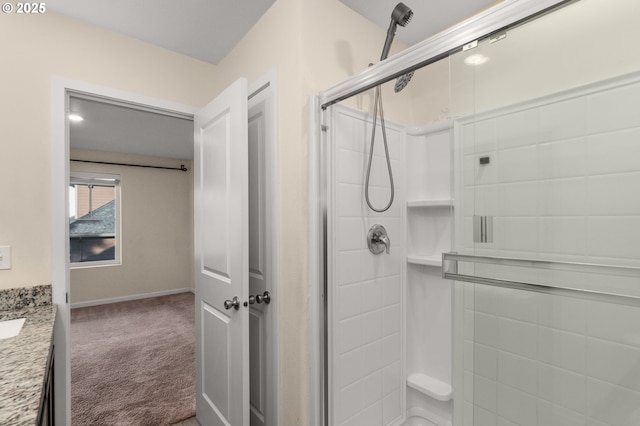 59 NE 134th Pl, Portland, OR 97230 - full bathroom with a stall shower, vanity, and baseboards