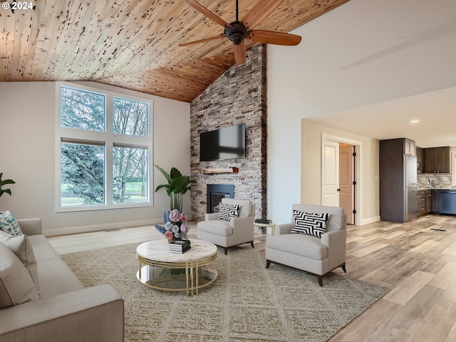 living room with a fireplace, high vaulted ceiling, ceiling fan, and light wood-type flooring