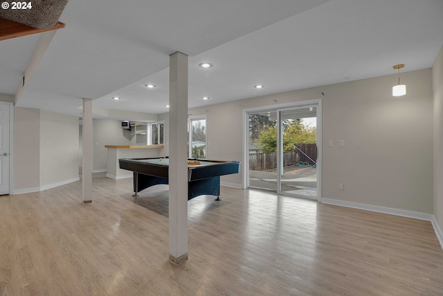 game room featuring pool table and light hardwood / wood-style floors