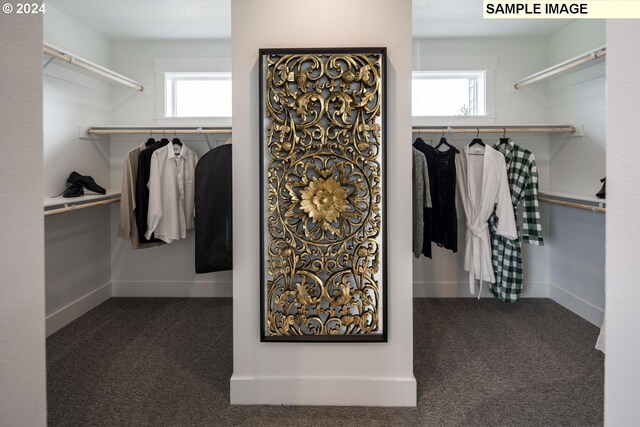 walk in closet featuring dark carpet