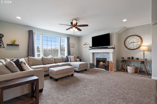 6905 Flicker Dr SE, Salem, OR 97306 - living room featuring carpet floors, a fireplace, a ceiling fan, and recessed lighting