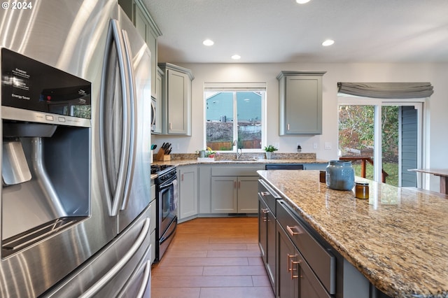 kitchen with light hardwood / wood-style flooring, a healthy amount of sunlight, stainless steel appliances, and light stone counters