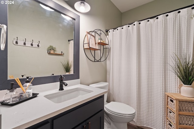 bathroom with vanity, curtained shower, and toilet