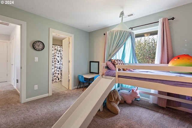 bedroom with light carpet