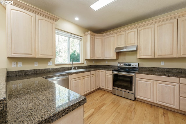 kitchen with appliances with stainless steel finishes, light wood-type flooring, and sink