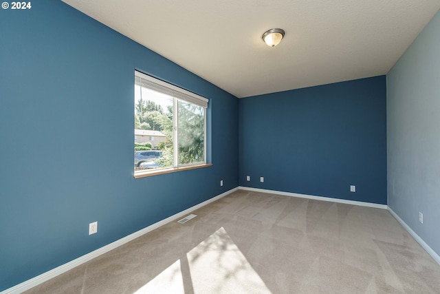 unfurnished room featuring a textured ceiling and light colored carpet