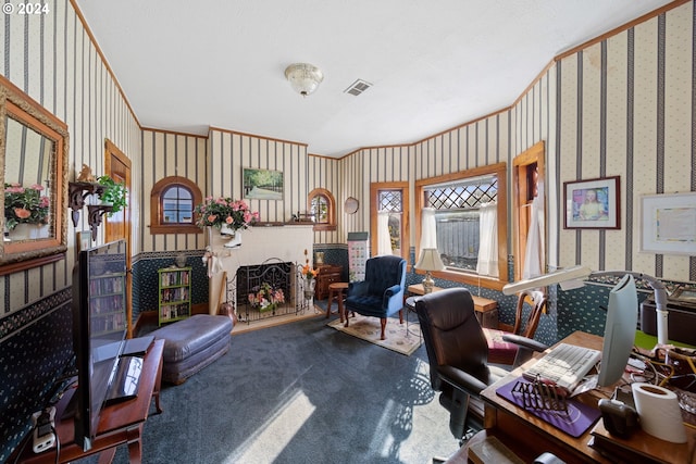 view of carpeted home office