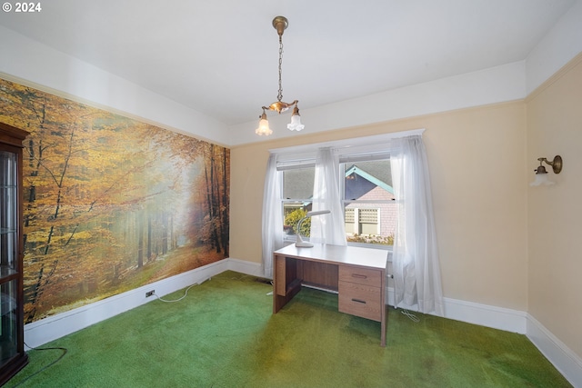 unfurnished office featuring a notable chandelier and dark carpet