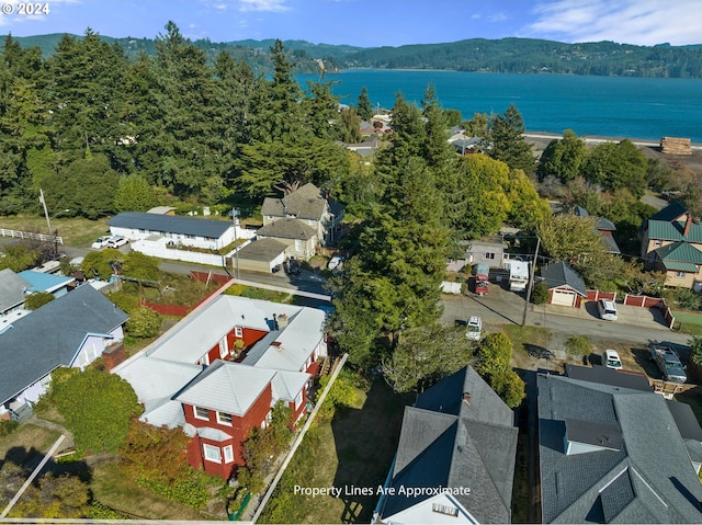 drone / aerial view featuring a water and mountain view