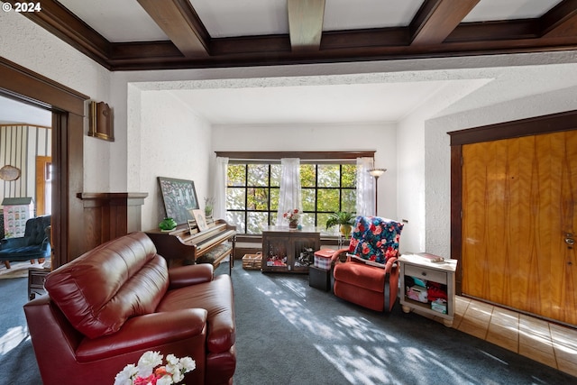 tiled living room featuring beamed ceiling and coffered ceiling