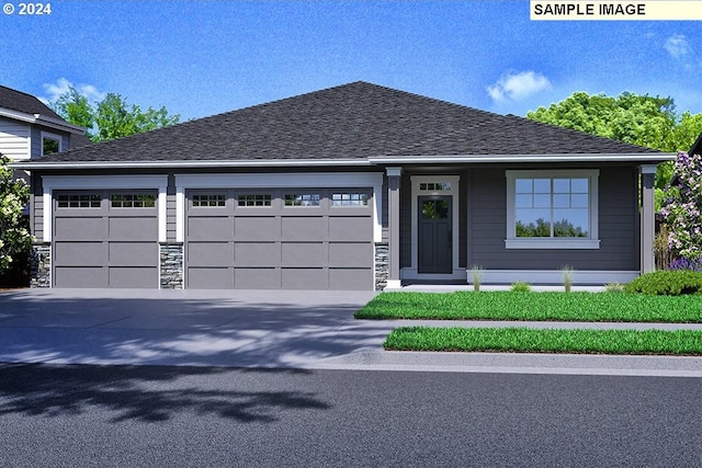 view of front facade featuring a garage, stone siding, driveway, and a shingled roof