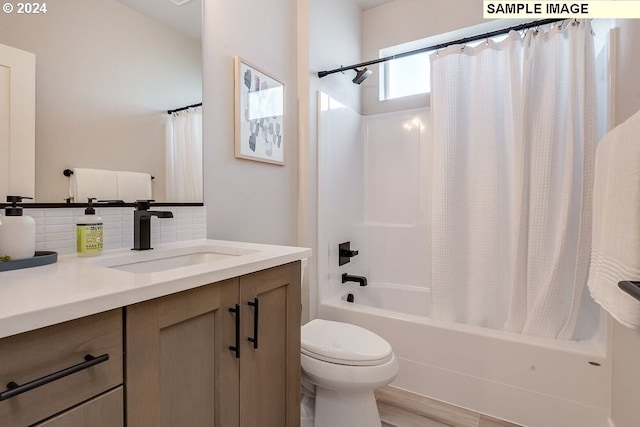 full bathroom with decorative backsplash, vanity, hardwood / wood-style flooring, shower / bathtub combination with curtain, and toilet