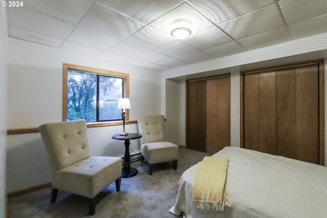 bedroom featuring carpet, a drop ceiling, and two closets