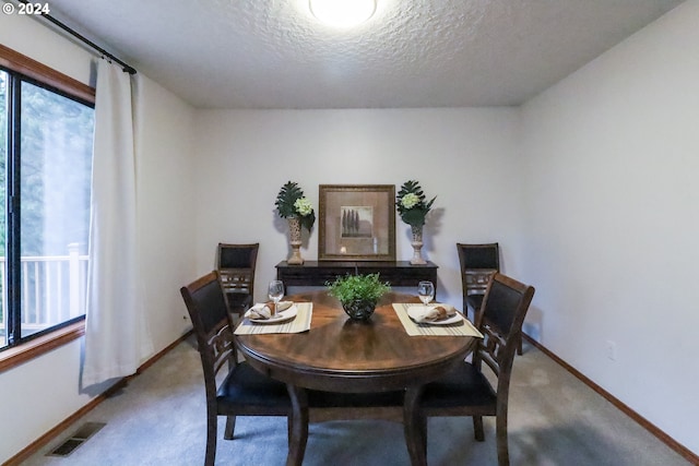 carpeted dining space with a textured ceiling