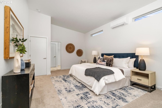 carpeted bedroom featuring a wall unit AC and multiple windows