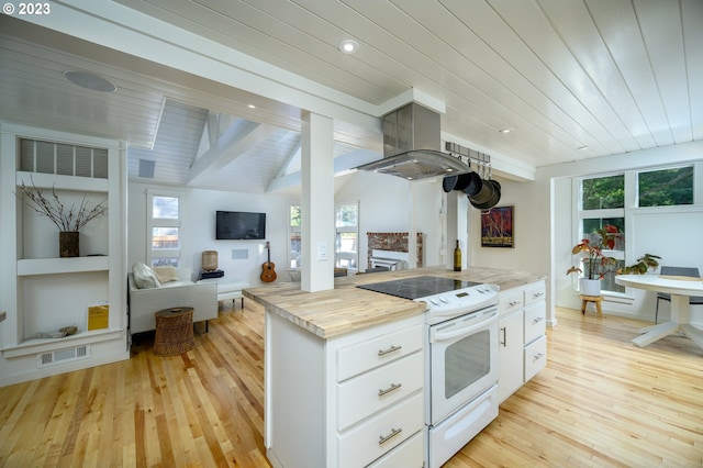 kitchen with white range with electric cooktop, plenty of natural light, white cabinets, and light wood-type flooring