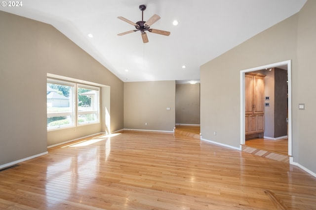 interior space featuring vaulted ceiling, light hardwood / wood-style flooring, and ceiling fan