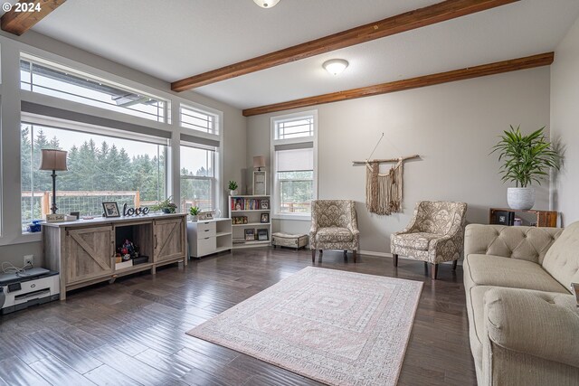 living room with beam ceiling and dark wood-type flooring