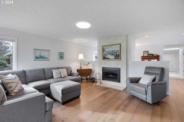 living room featuring light hardwood / wood-style floors, crown molding, and a textured ceiling