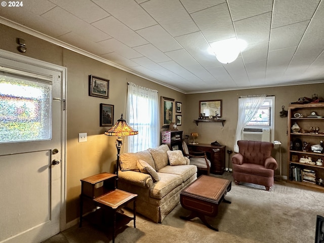 carpeted living room with crown molding and plenty of natural light