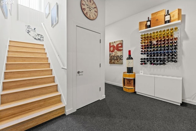 interior space featuring dark colored carpet