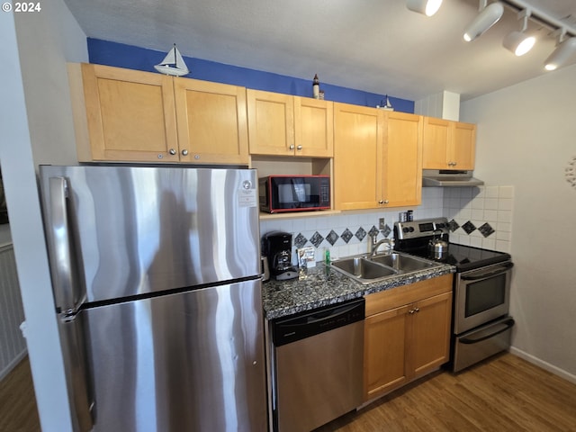 kitchen featuring stainless steel appliances, sink, dark wood-type flooring, light brown cabinetry, and decorative backsplash