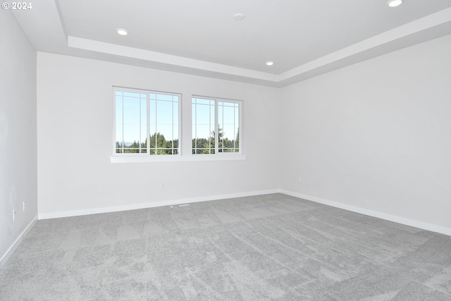 spare room with a tray ceiling and carpet floors