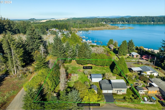 aerial overview of property's location featuring a forest, a nearby body of water, and property parcel outlined