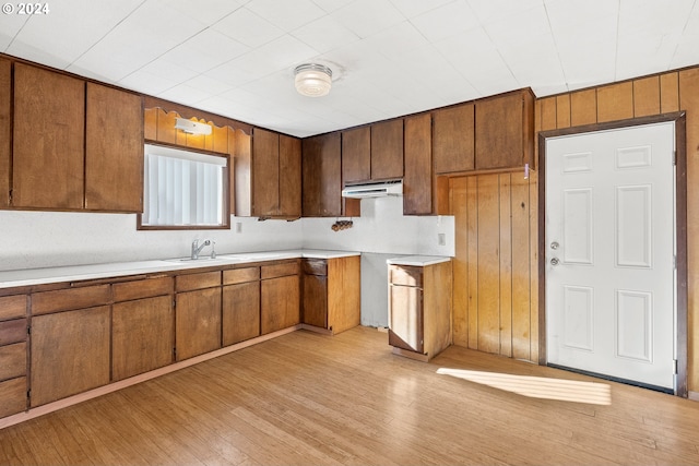 kitchen featuring under cabinet range hood, a sink, light wood-type flooring, and light countertops