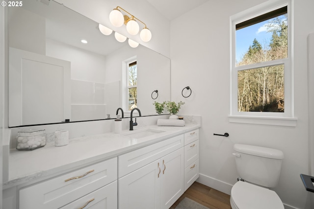 bathroom featuring vanity, hardwood / wood-style floors, and toilet