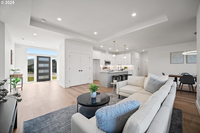 living room with sink, a tray ceiling, and light hardwood / wood-style floors