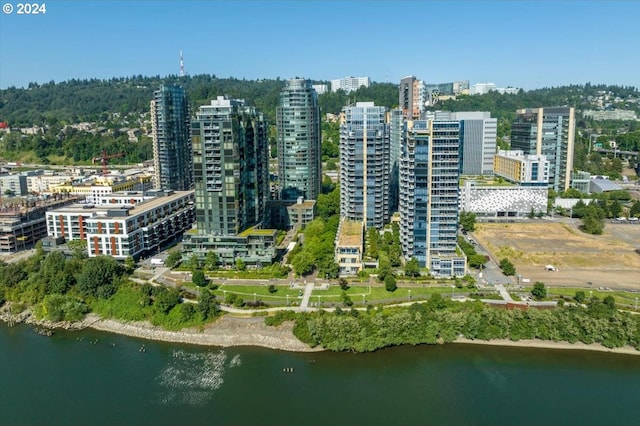 bird's eye view with a water view and a view of city