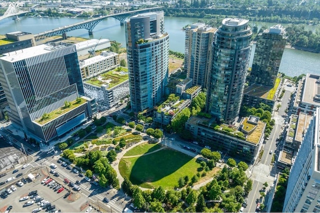 bird's eye view with a water view and a view of city