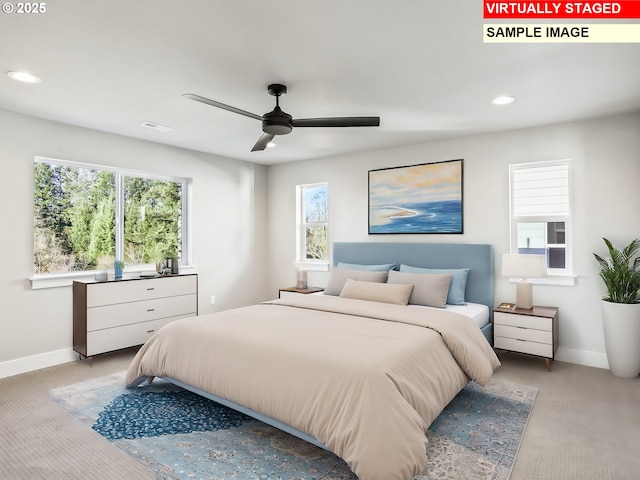 2854 NE Sweetwater Rd, Estacada, OR 97023 - bedroom with recessed lighting, a ceiling fan, baseboards, and multiple windows