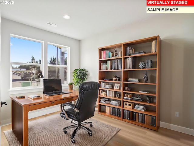2854 NE Sweetwater Rd, Estacada, OR 97023 - office area featuring recessed lighting, wood finished floors, visible vents, and baseboards