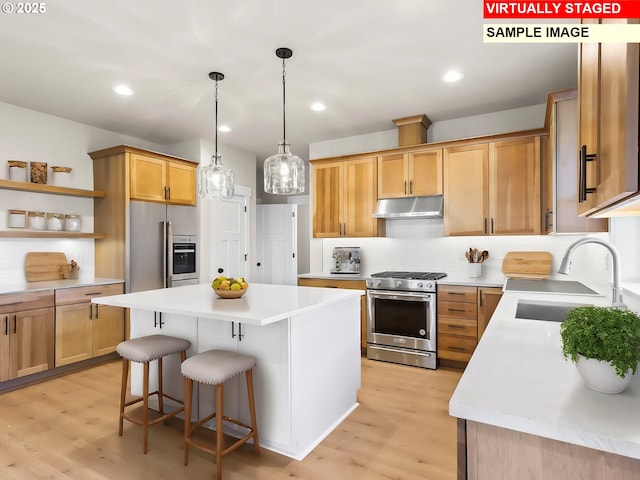 2854 NE Sweetwater Rd, Estacada, OR 97023 - kitchen with under cabinet range hood, a sink, a kitchen island, light wood-style flooring, and appliances with stainless steel finishes