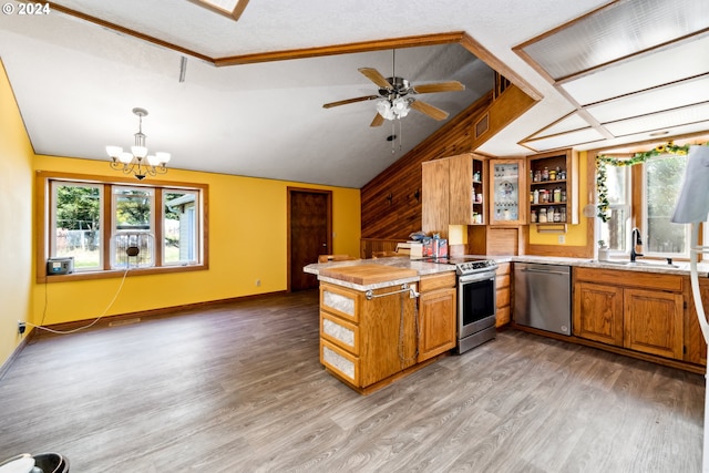 kitchen with stainless steel appliances, wood-type flooring, a healthy amount of sunlight, and decorative light fixtures