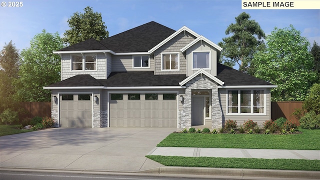 craftsman-style house featuring stone siding, concrete driveway, an attached garage, and fence