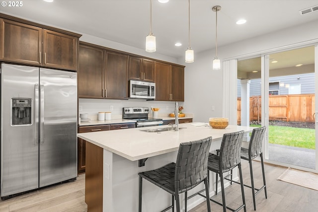 kitchen with pendant lighting, a healthy amount of sunlight, an island with sink, and appliances with stainless steel finishes