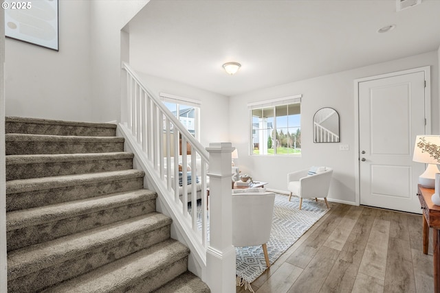 staircase with hardwood / wood-style floors