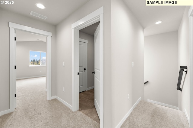 1353 NE Josephine Ct Unit 167, Estacada, OR 97023 - corridor with an upstairs landing, visible vents, baseboards, recessed lighting, and light carpet