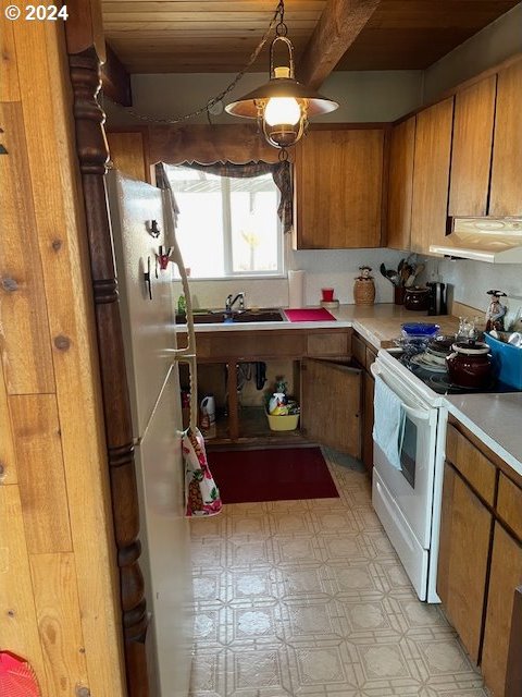 kitchen featuring wood ceiling, white appliances, sink, beam ceiling, and range hood