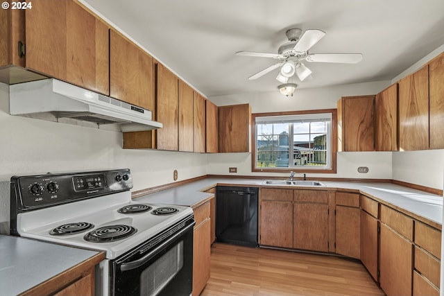 252 State Route 409, Cathlamet, WA 98612 - kitchen featuring light wood-type flooring, ceiling fan, dishwasher, white electric range, and sink